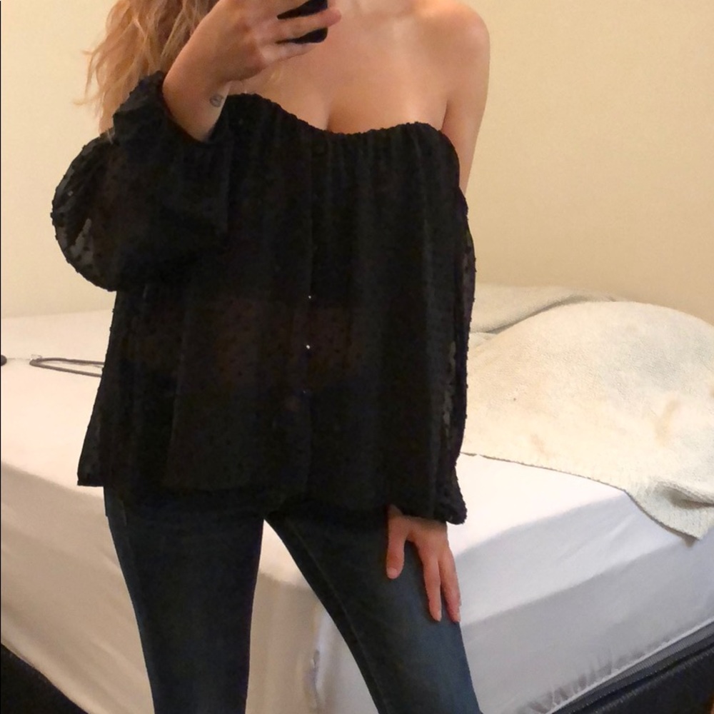🆕 Black Off-Shoulder Sheer Polka-Dot Top 🆕